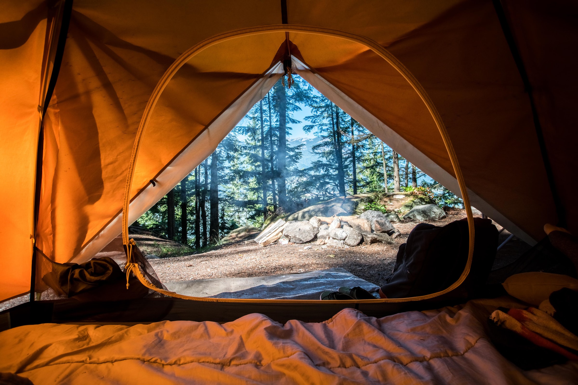 Orange camping tent near green trees