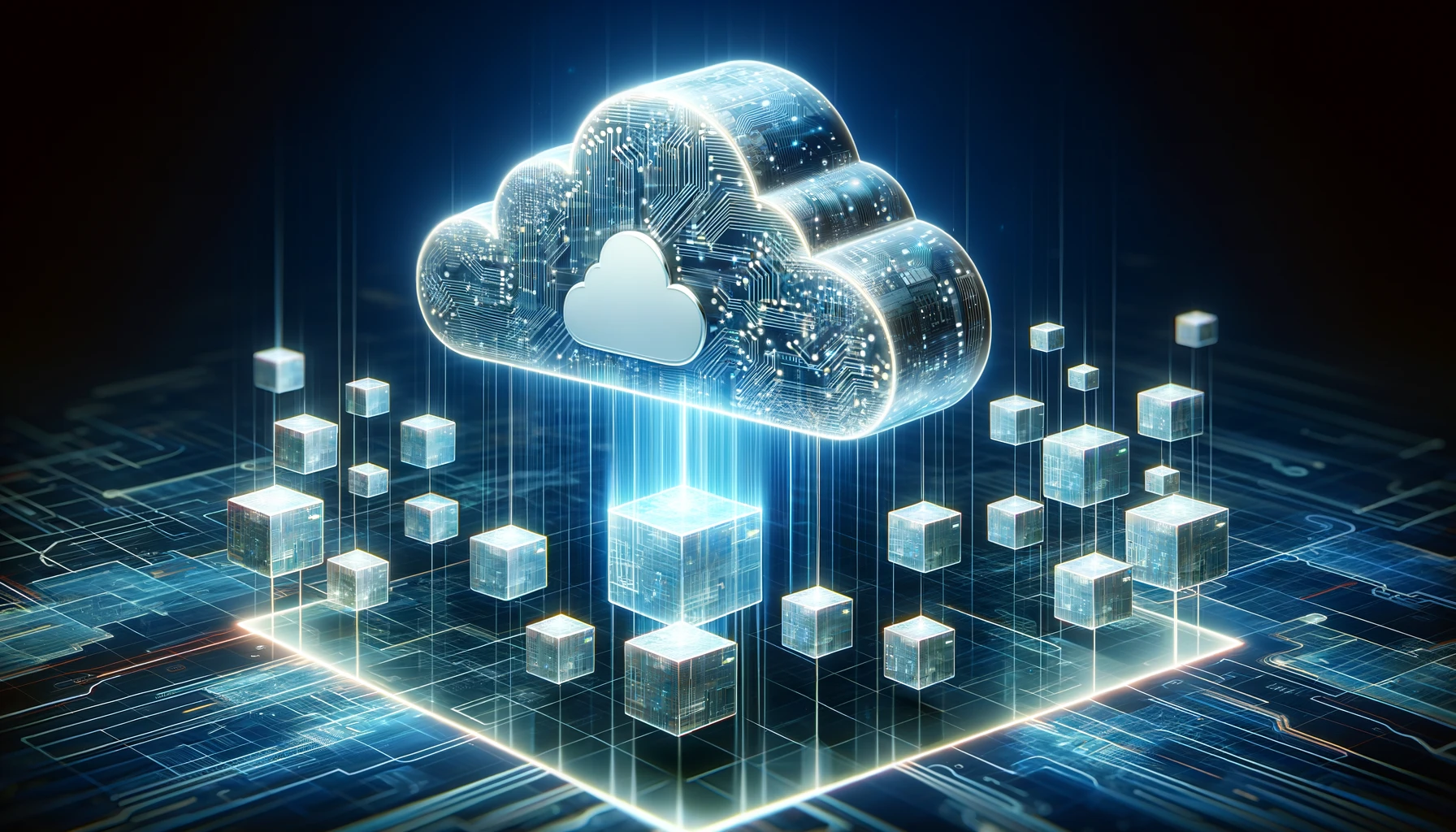 Digital artwork depicting the concept of Cloud-init technology in a hypervisor environment. The image features a central, stylized cloud with intricate digital circuit patterns, symbolizing Cloud-init. Surrounding the cloud are interconnected, floating, semi-transparent cubes with glowing edges, each representing a hypervisor. Faint streams of binary code flow between these cubes, illustrating virtualization and connectivity. The background is a gradient of blue shades, representing technology and innovation, with subtle abstract digital patterns enhancing the futuristic theme.