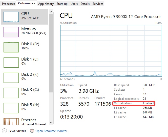 Task Manager > Performance > CPU > Virtualisation