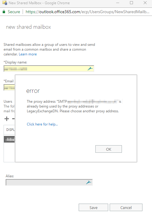 The proxy address &ldquo;SMTP:name@domain.com&rdquo; is already being used by the proxy addresses or LegacyExchangeDN. Please choose another proxy address.