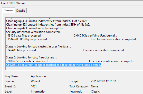 Chkdsk stage 5 in Event Viewer