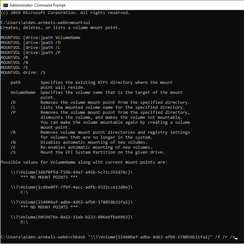 MountVol and Chkdsk