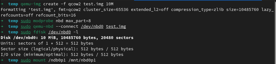 Terminal showing commands to mount a qcow2 image